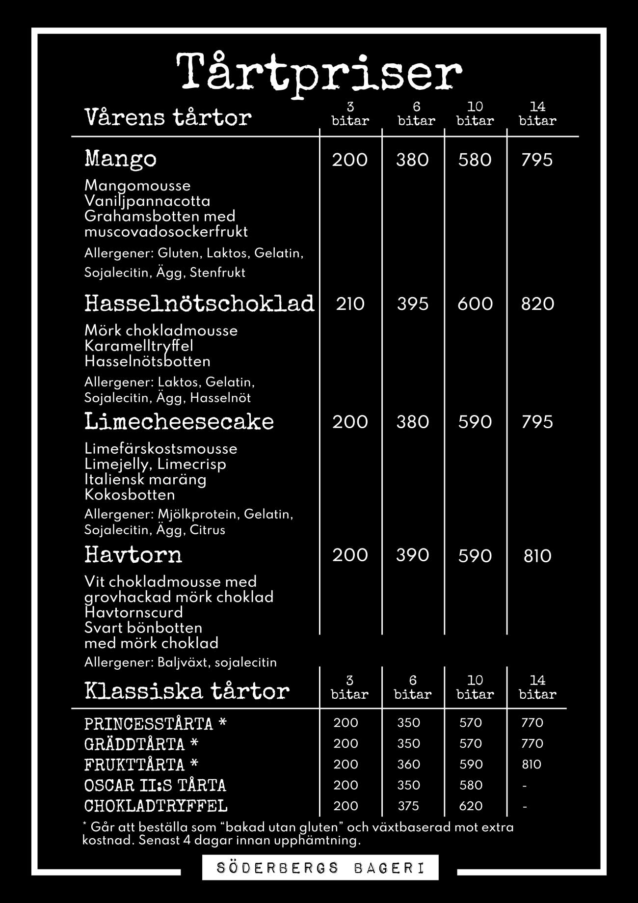 Pris lista tårtor